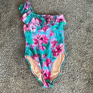 J. Crew Floral One Shoulder Ruffle One Piece Swimsuit L